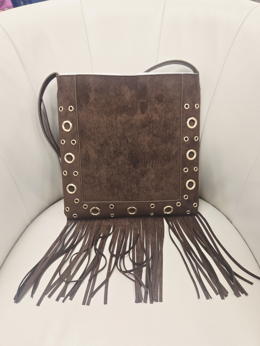 Urban Expressions Brown Suede Fringe Shoulder Bag with Gold Grommets